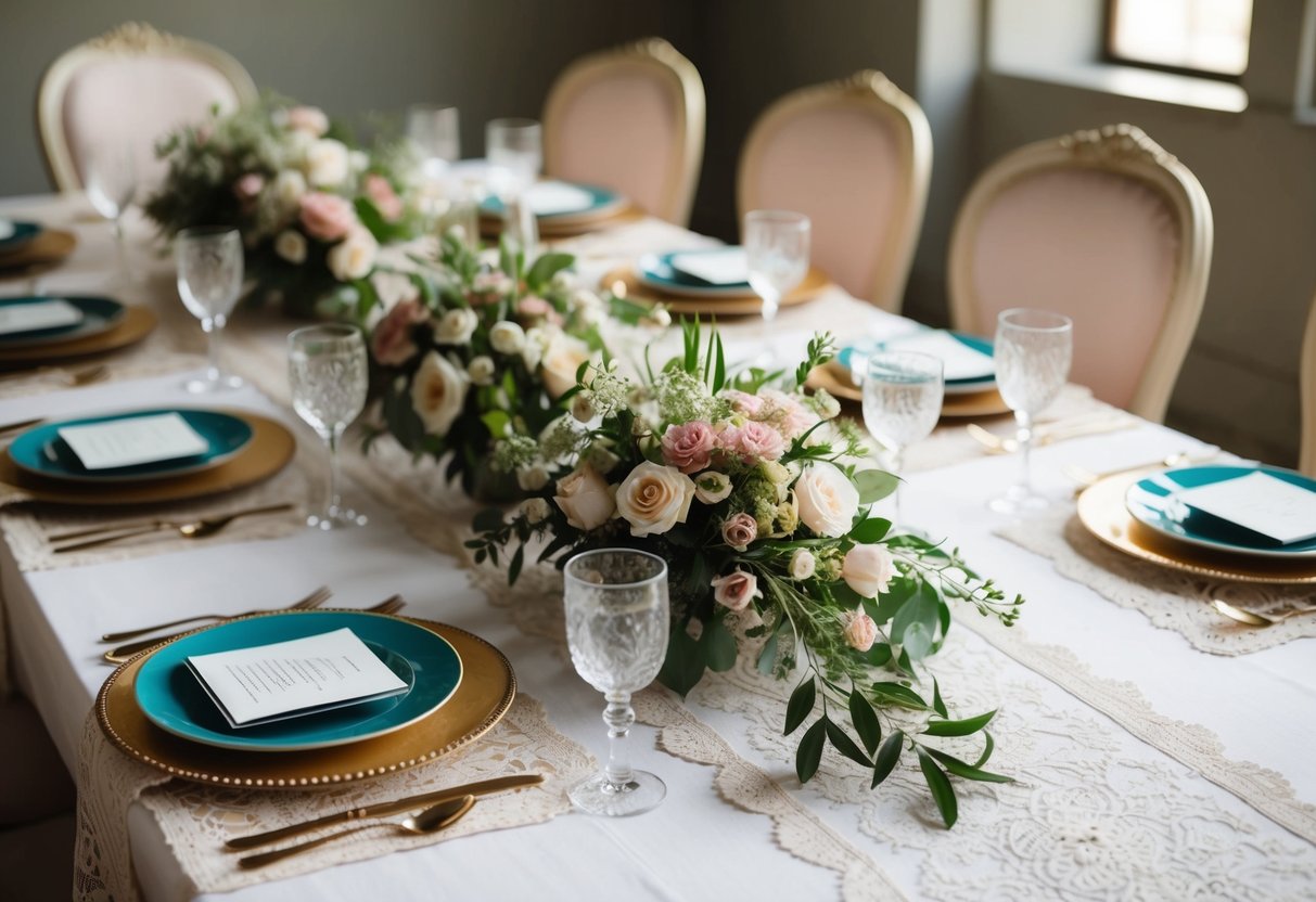 A vintage-inspired table set with lace-trimmed runners and delicate floral centerpieces