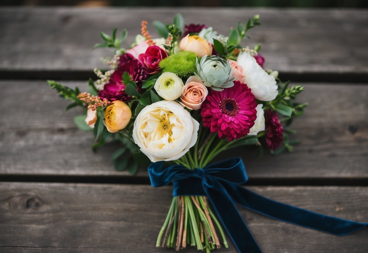 A bouquet of vintage-inspired flowers tied with a velvet ribbon