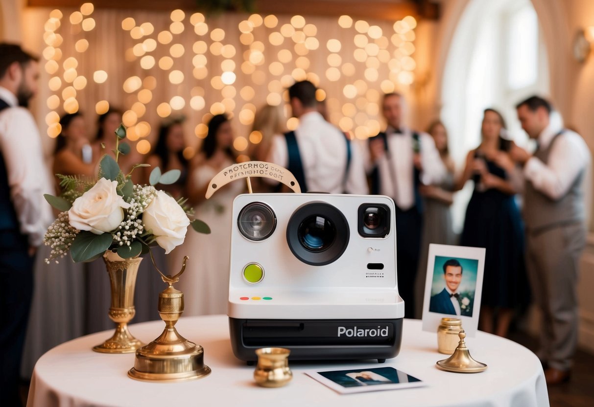 A vintage polaroid photo booth station at a timeless wedding, adorned with classic props and surrounded by nostalgic decor