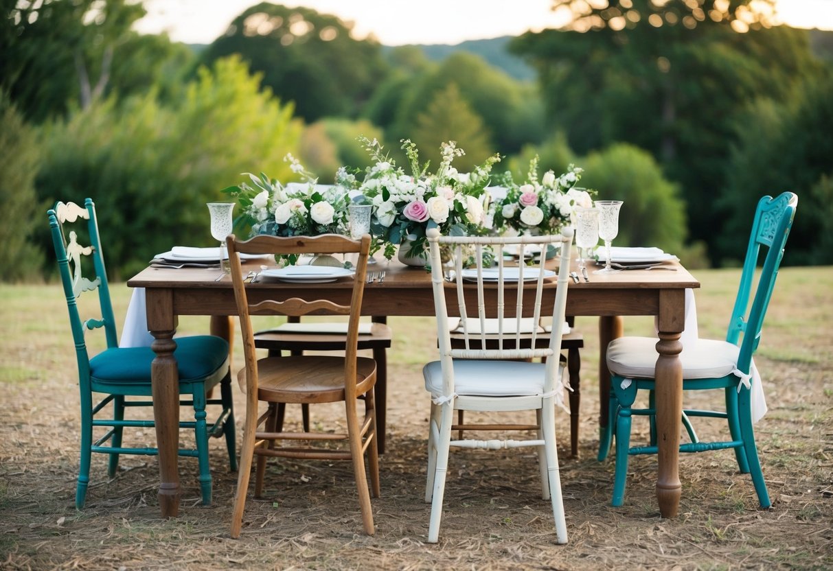 A rustic outdoor wedding setting with mismatched vintage chairs arranged around a wooden table adorned with floral centerpieces