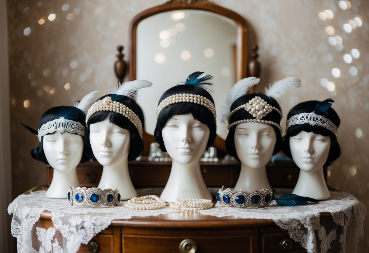 A group of 1920s flapper headbands displayed on a vintage dressing table with lace, pearls, and feathers