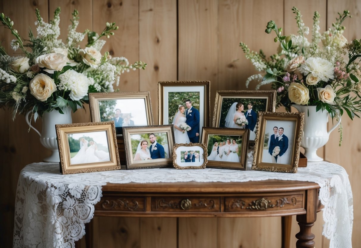 A vintage wooden table showcases a collection of heirloom family wedding photos in ornate frames, surrounded by delicate lace and antique floral arrangements