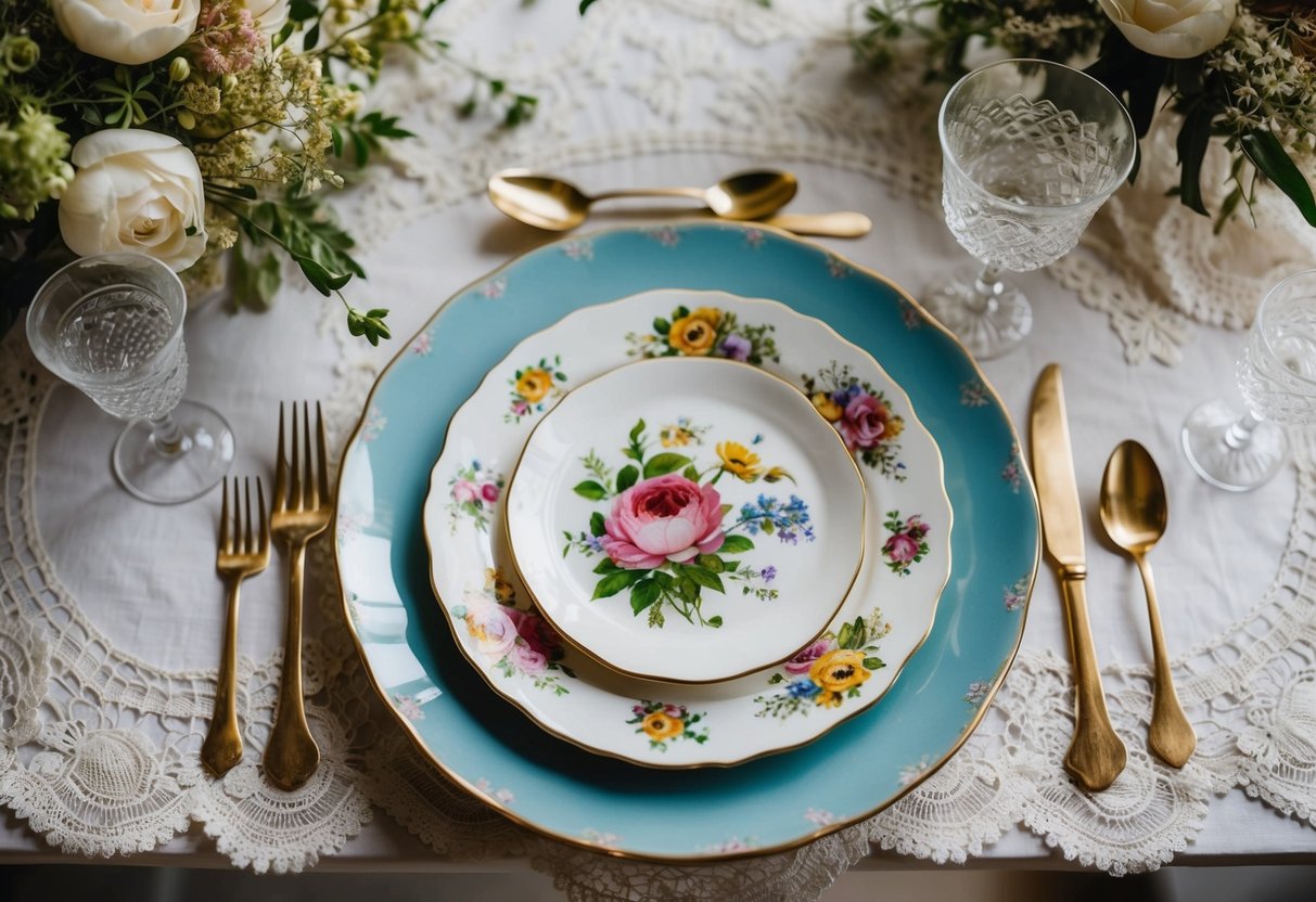 A table set with vintage floral china plates, surrounded by antique lace and delicate flower arrangements