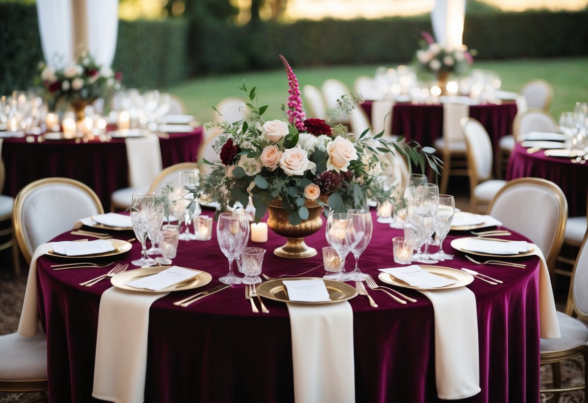 A table set with velvet tablecloths, adorned with vintage wedding decor and flowers