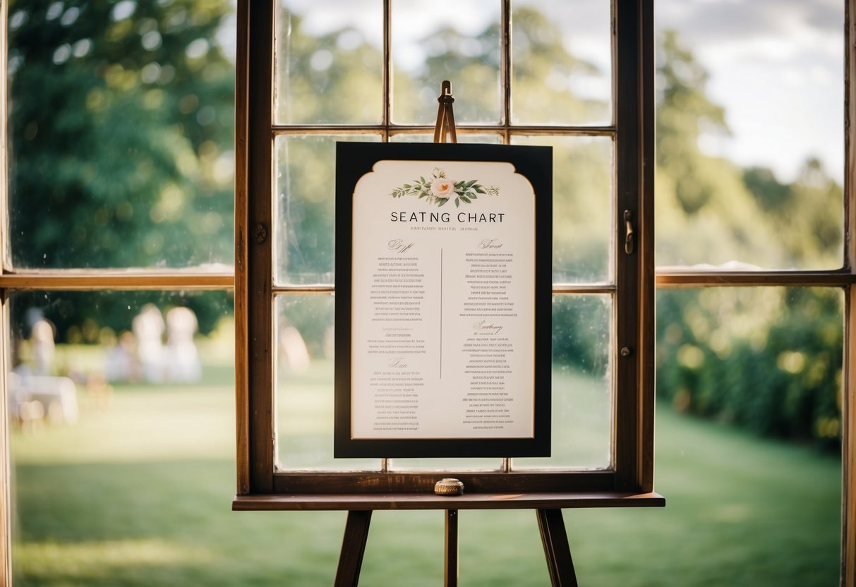 An antique window with a seating chart for a vintage wedding