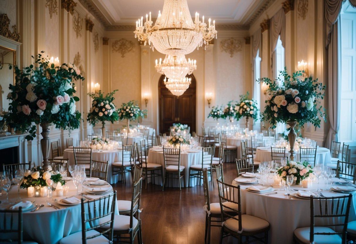 A grand ballroom adorned with antique furniture, chandeliers, and vintage floral arrangements, creating a timeless and elegant atmosphere for a vintage-inspired wedding