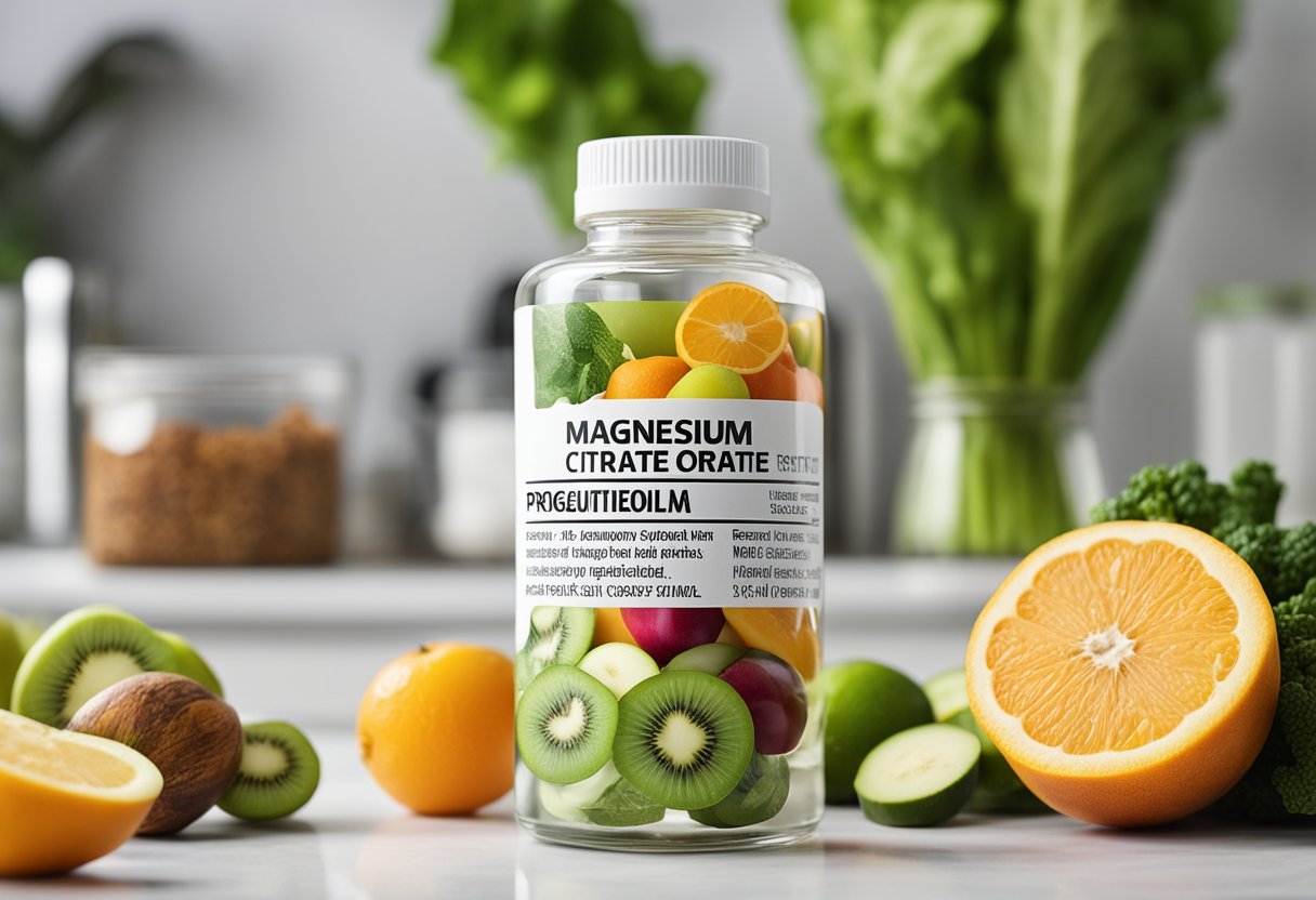 A clear bottle of magnesium citrate sits on a white countertop, surrounded by colorful fruits and vegetables. The label prominently displays the product name and its benefits for regularity