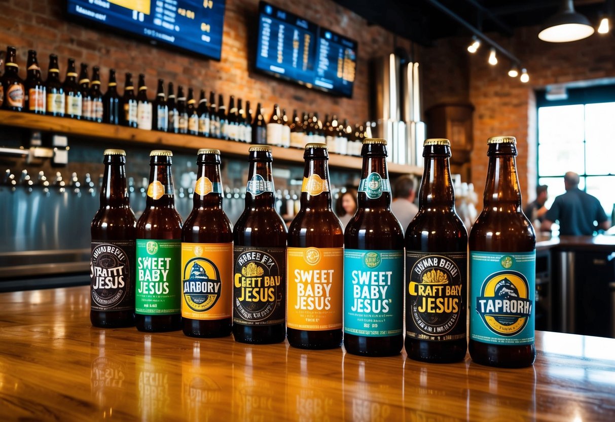 A cozy brewery taproom with rustic decor and shelves lined with various craft beer bottles, including the sought-after "Sweet Baby Jesus" beer