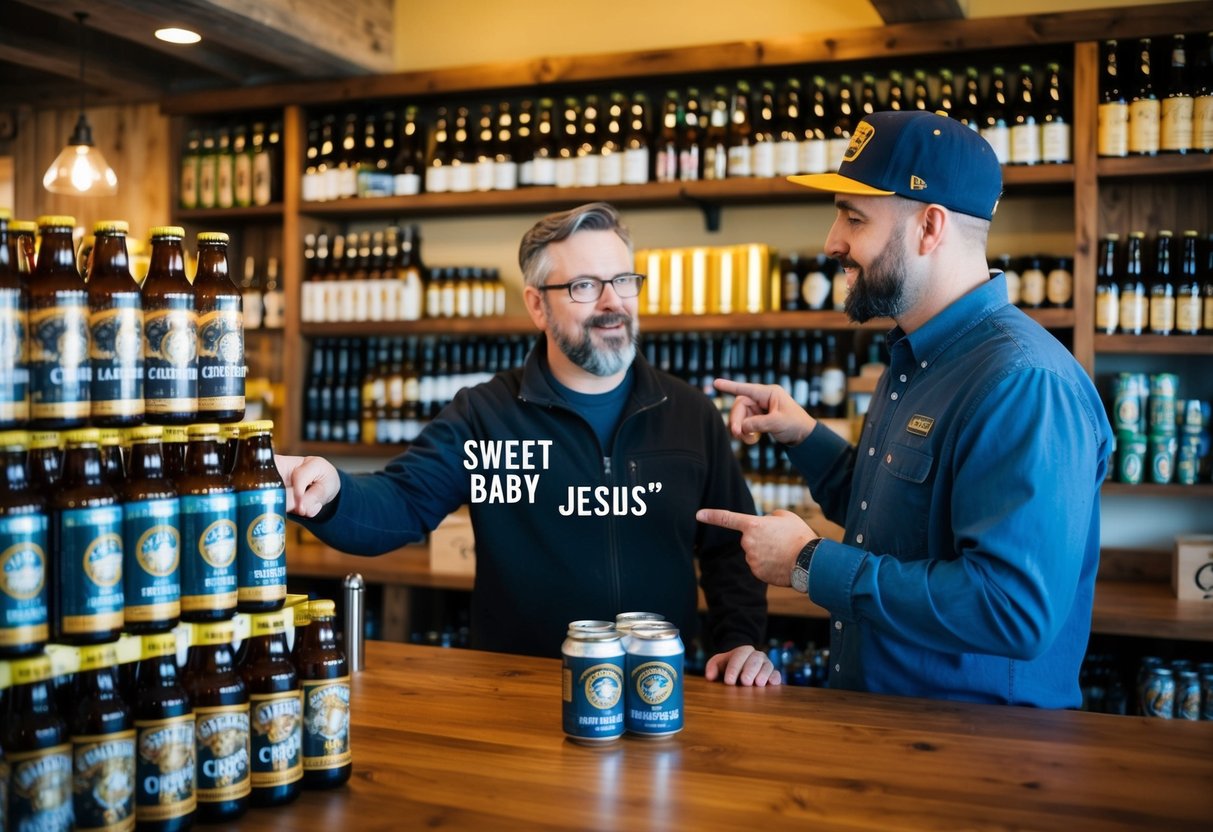 A cozy beer store with shelves of craft brews. A customer asks for "Sweet Baby Jesus" while the shop owner points to a display