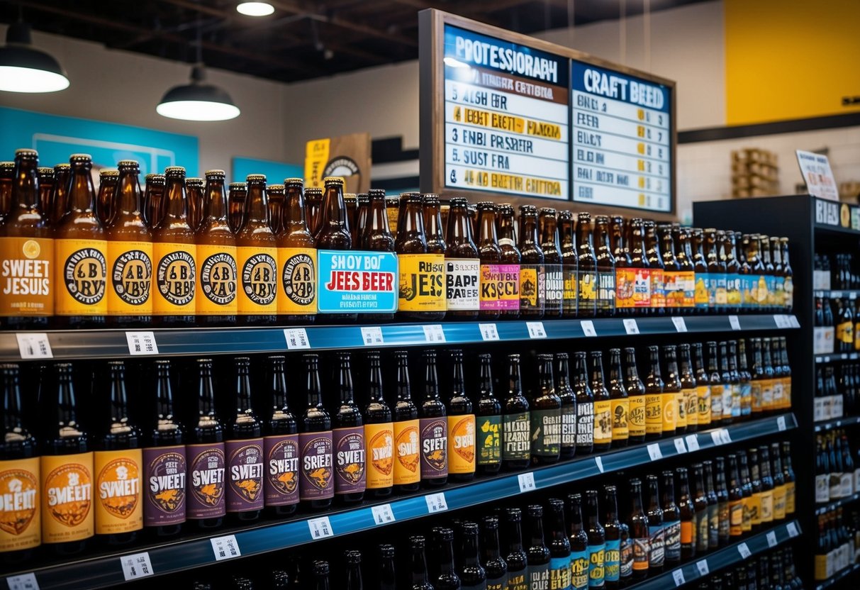 A bustling beer store with shelves of craft brews, including Sweet Baby Jesus beer, and a sign displaying various purchase options
