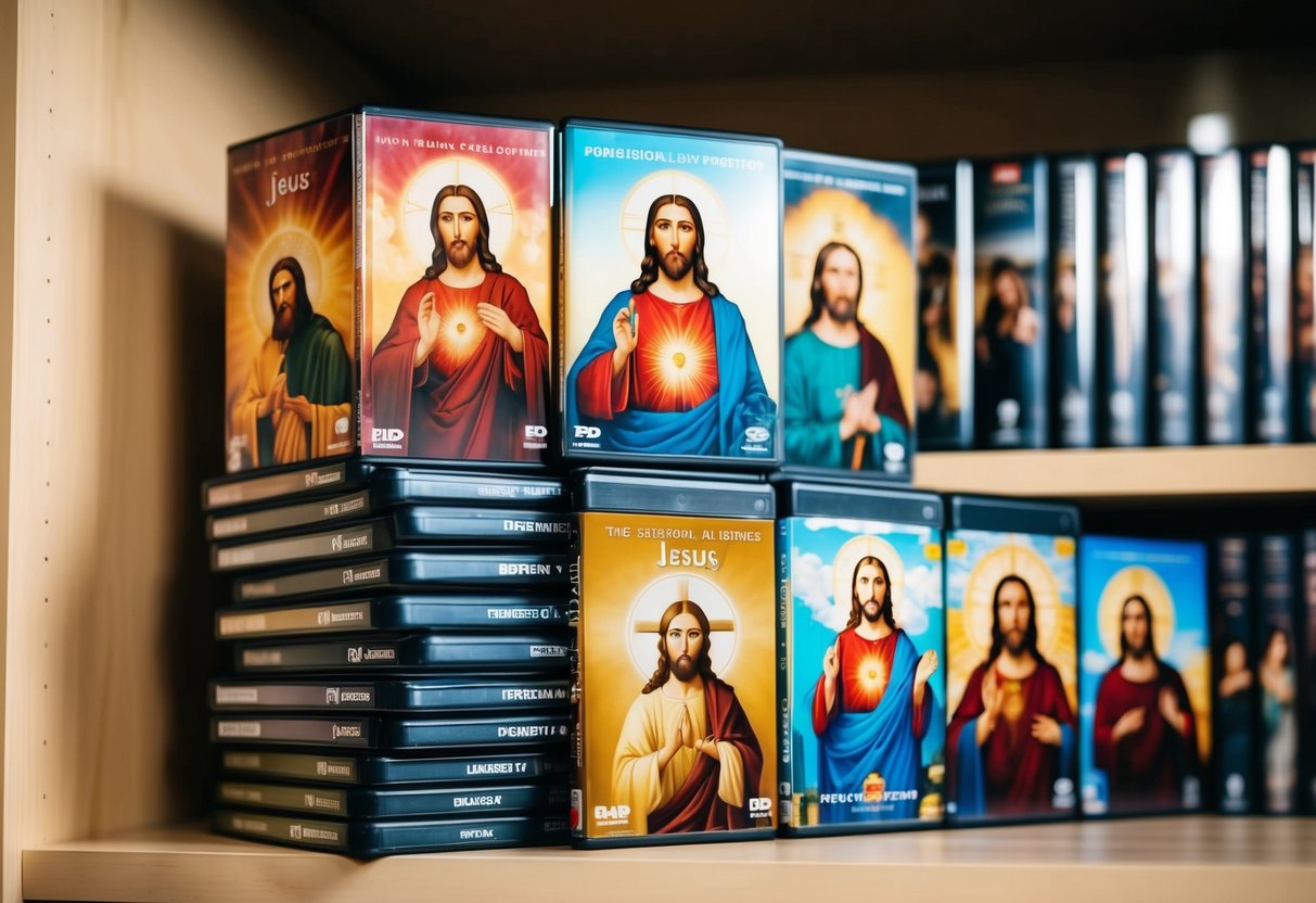 A collection of DVD cases with various depictions of Jesus, stacked on a shelf