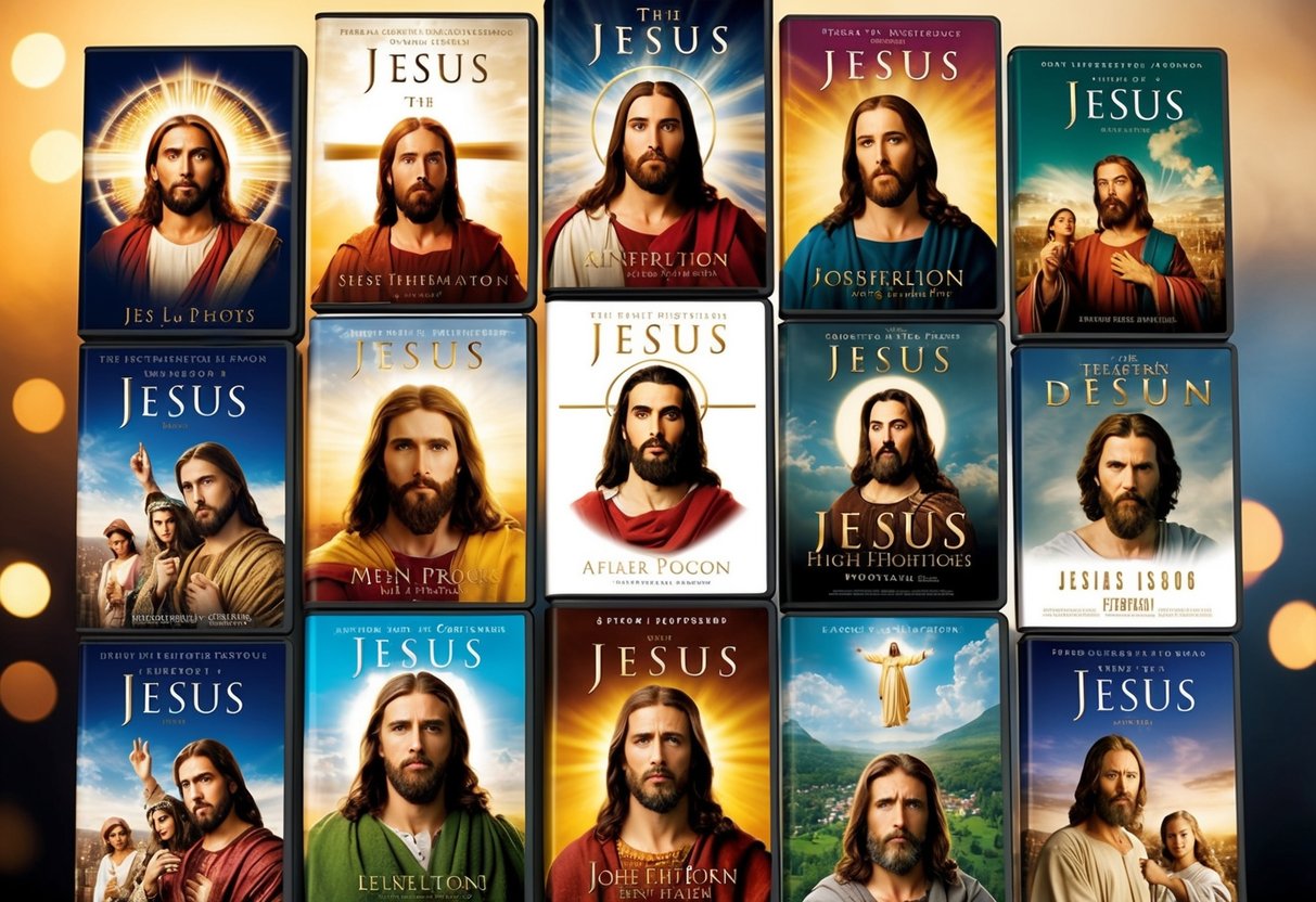 A collection of DVDs and movie posters featuring various depictions of Jesus, spanning different time periods and cultural interpretations