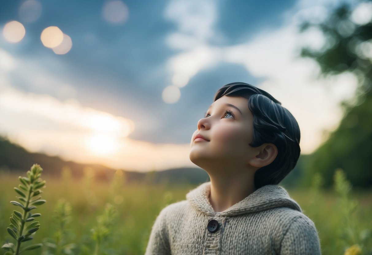 A figure in a peaceful, natural setting, looking up with a sense of hope and longing