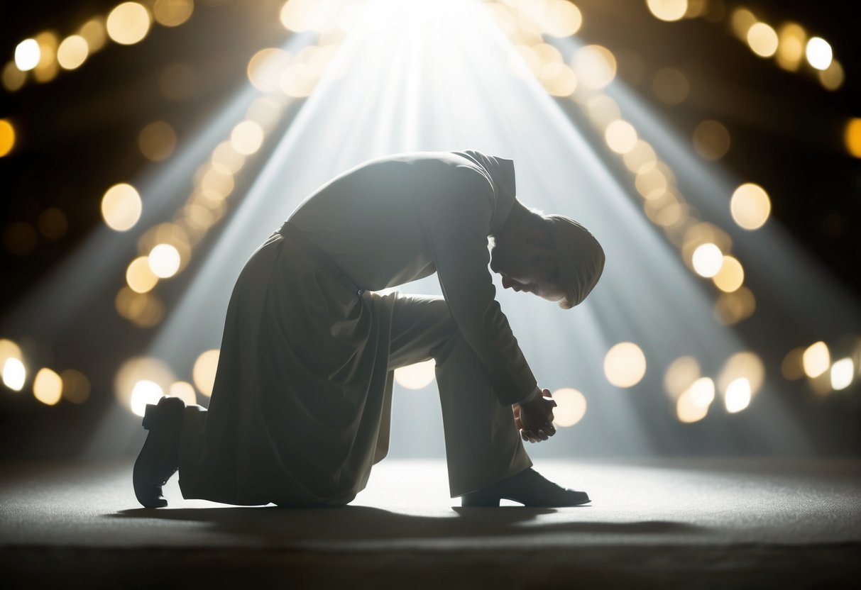 A figure kneeling in a beam of light, head bowed, with a sense of reverence and longing