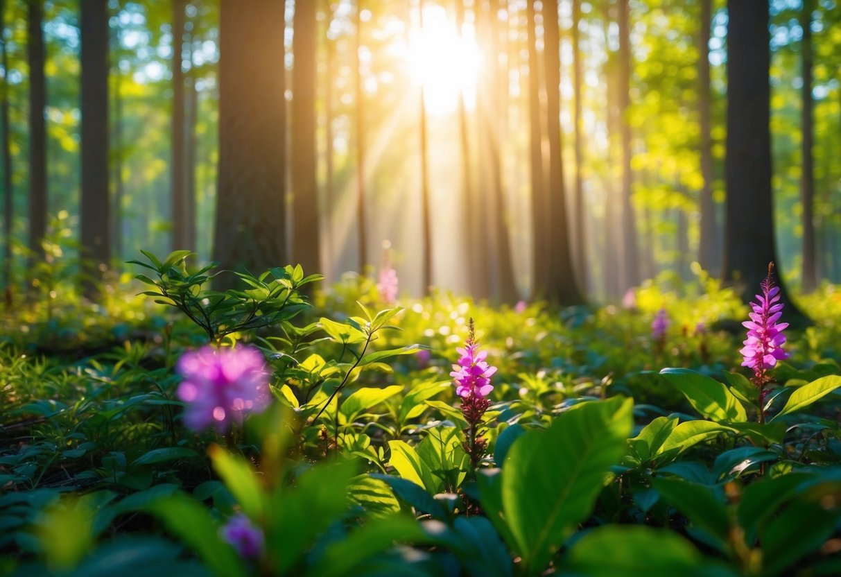 A serene, sunlit forest with vibrant flora and wildlife, surrounded by a sense of divine presence and awareness