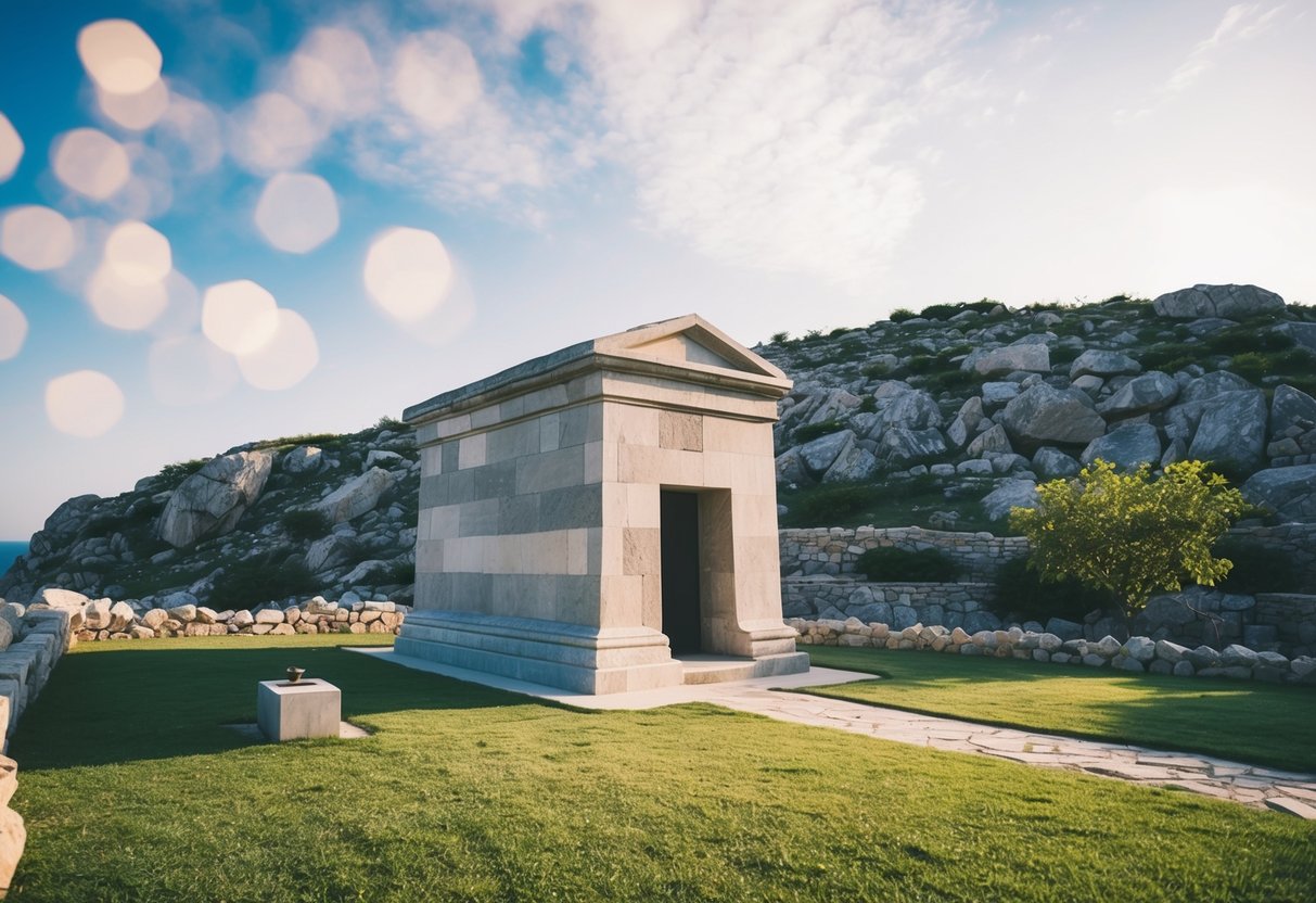 A large, stone tomb sits in a rocky hillside, with a simple entrance and a small garden nearby