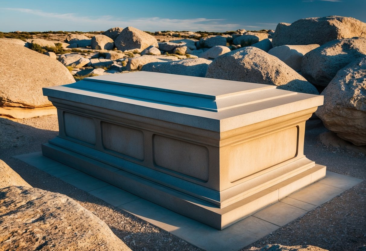 A large, stone tomb with an entrance and a flat, solid surface for a lid. Surrounded by a rocky landscape with a sense of solemnity and reverence