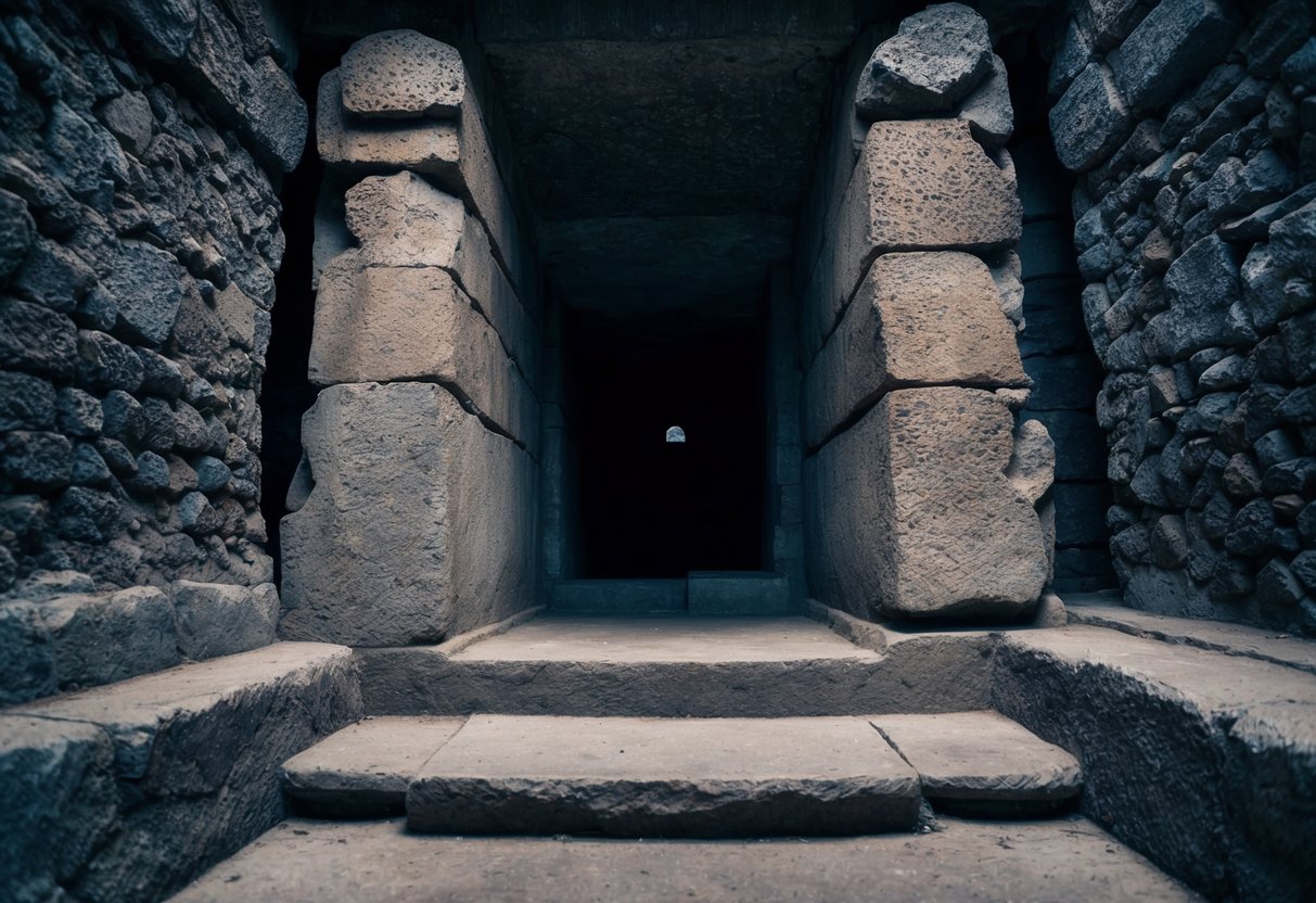 An ancient tomb entrance with stone steps leading into a dark, cavernous interior. A sense of mystery and historical significance surrounds the site
