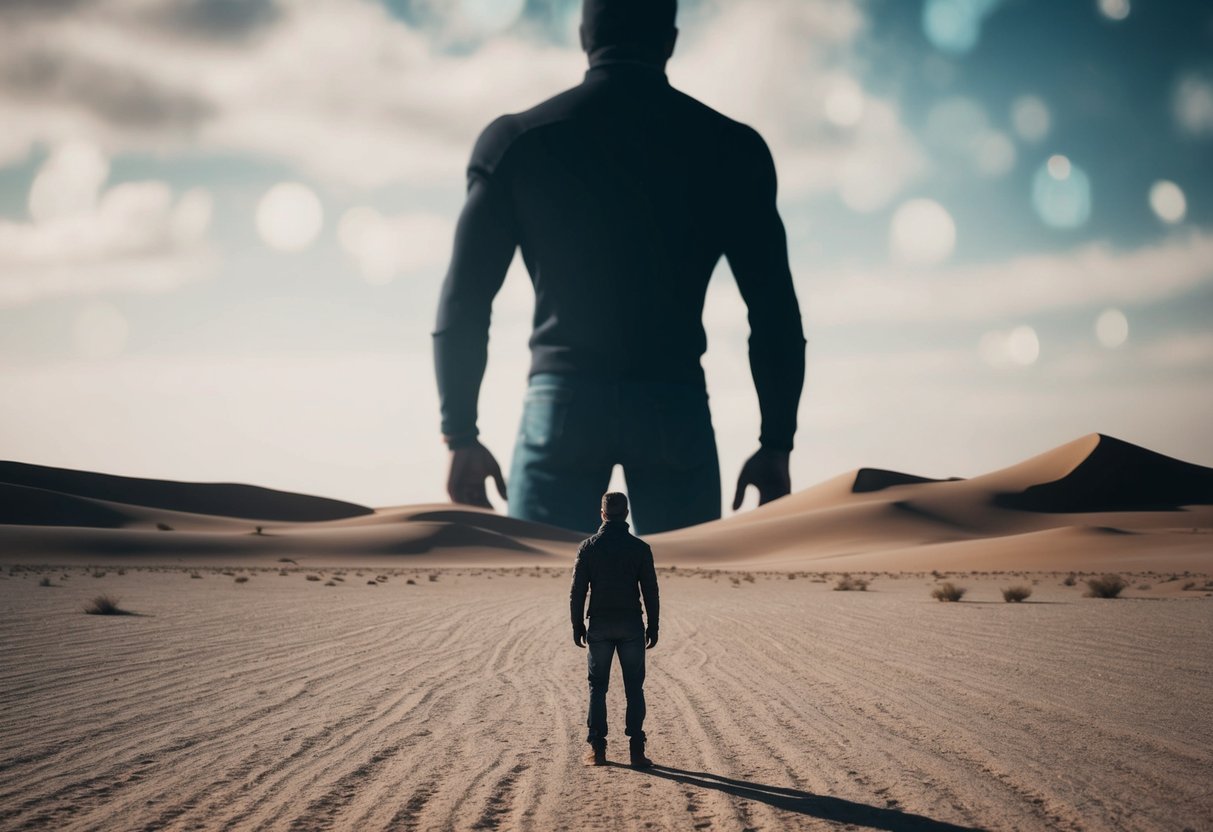 A figure standing alone in a barren desert, facing a looming, shadowy presence