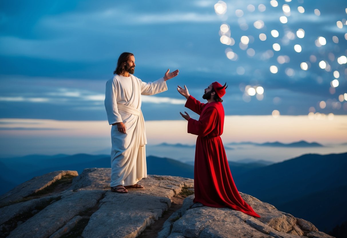 Jesus standing on a high mountain, with the devil offering him all the kingdoms of the world