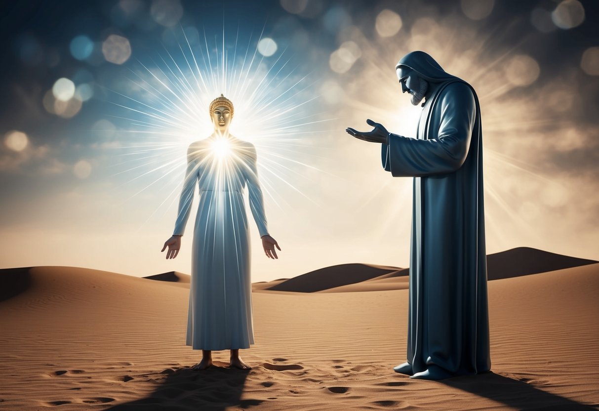 A figure radiating divine light stands in a desert, facing a looming, shadowy figure offering wealth, power, and fame