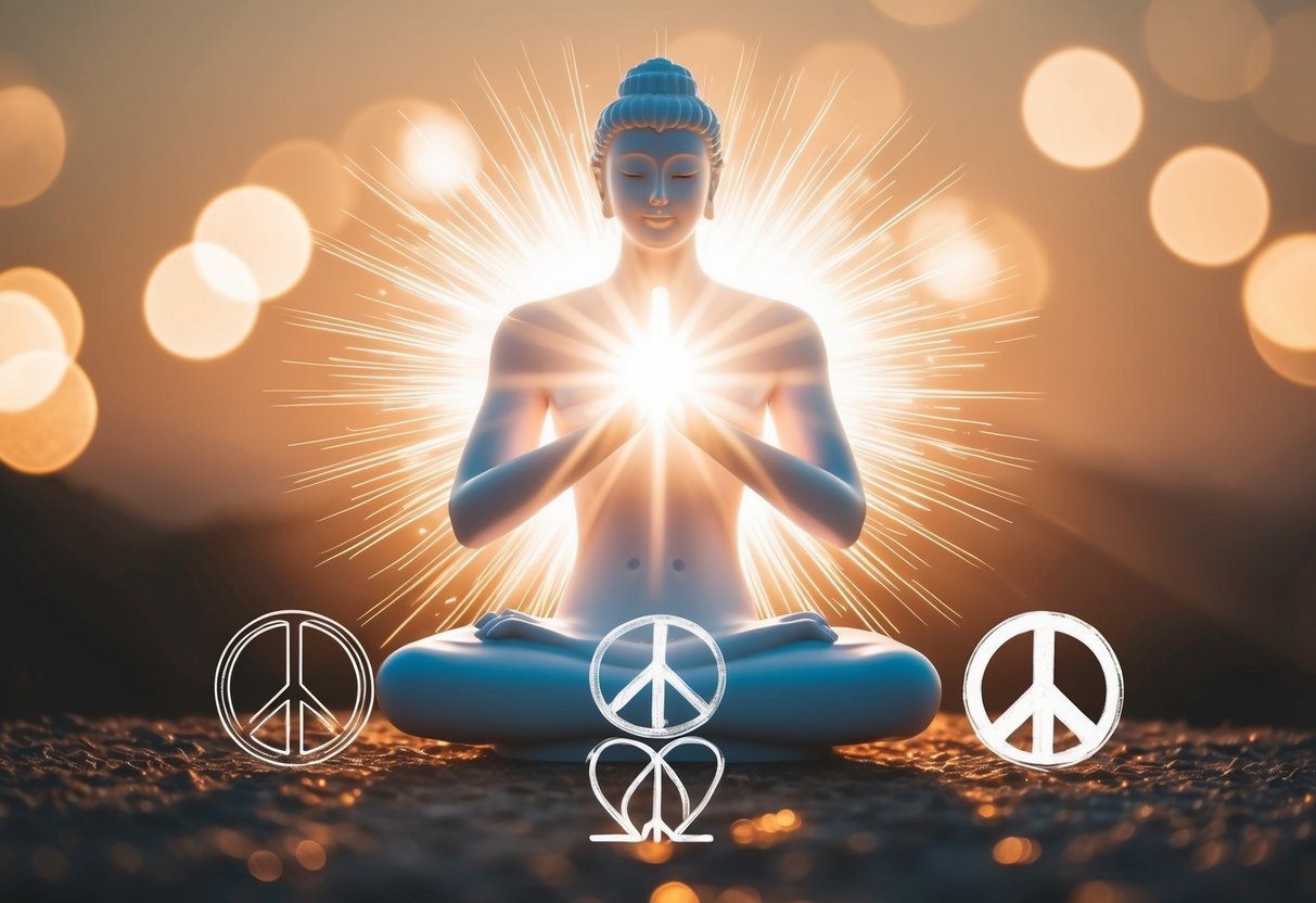 A serene figure radiates light, surrounded by symbols of peace and love