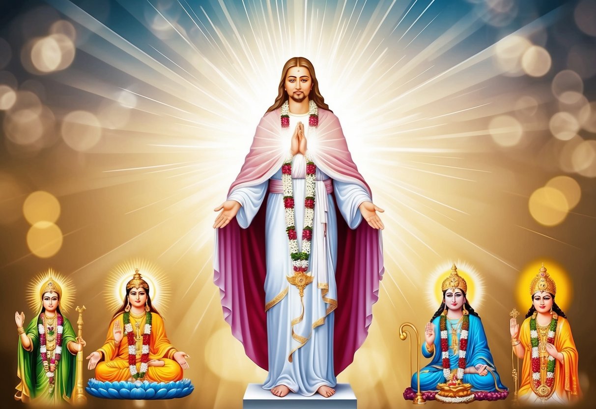 A serene figure stands amidst a radiant aura, surrounded by symbols of Christianity and Hinduism. Rays of light emanate from the figure, evoking a sense of divine presence