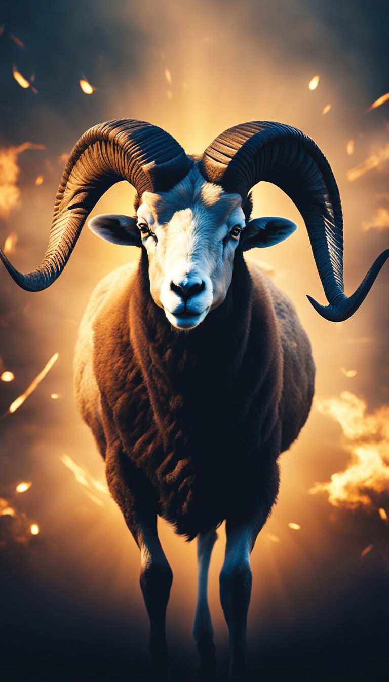 A ram charging forward, surrounded by a fiery halo, exuding confidence and determination