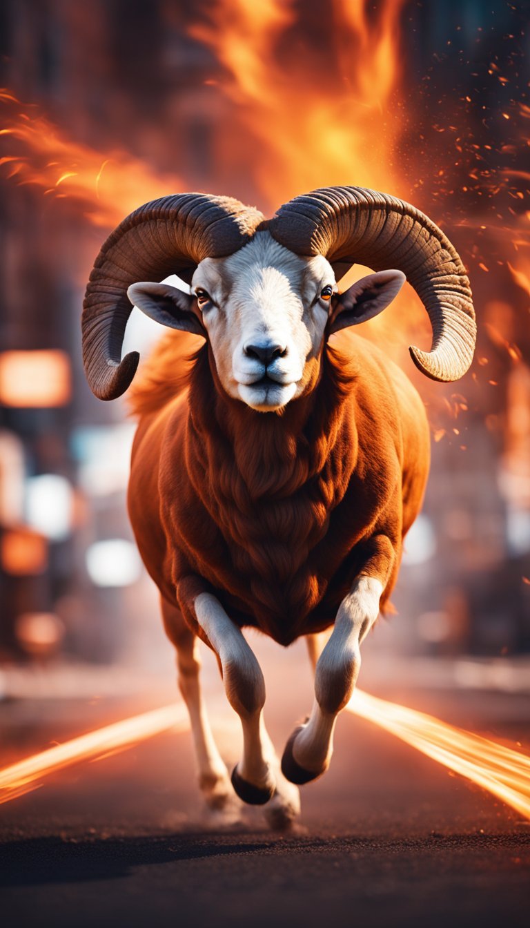 A ram charging forward with fiery determination, surrounded by vibrant red and orange energy