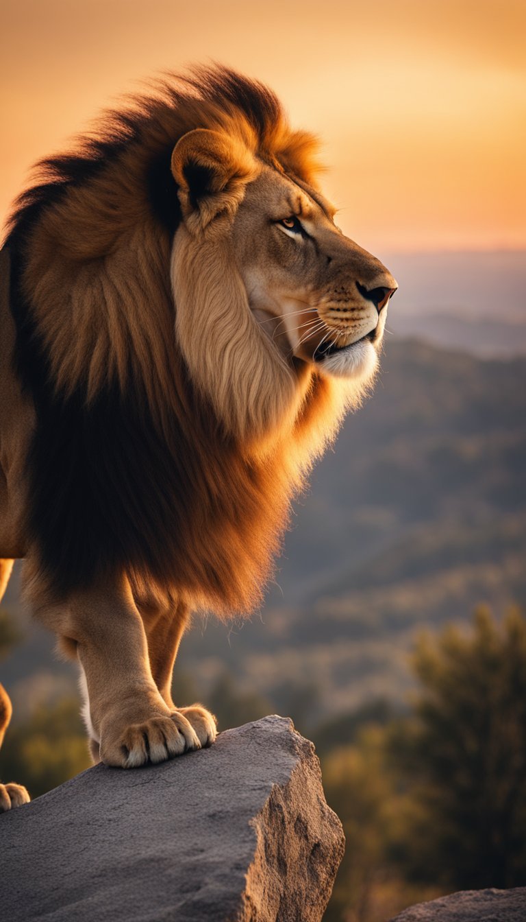 A lion standing proudly on a rocky cliff, gazing out at the horizon with a fiery sunset in the background