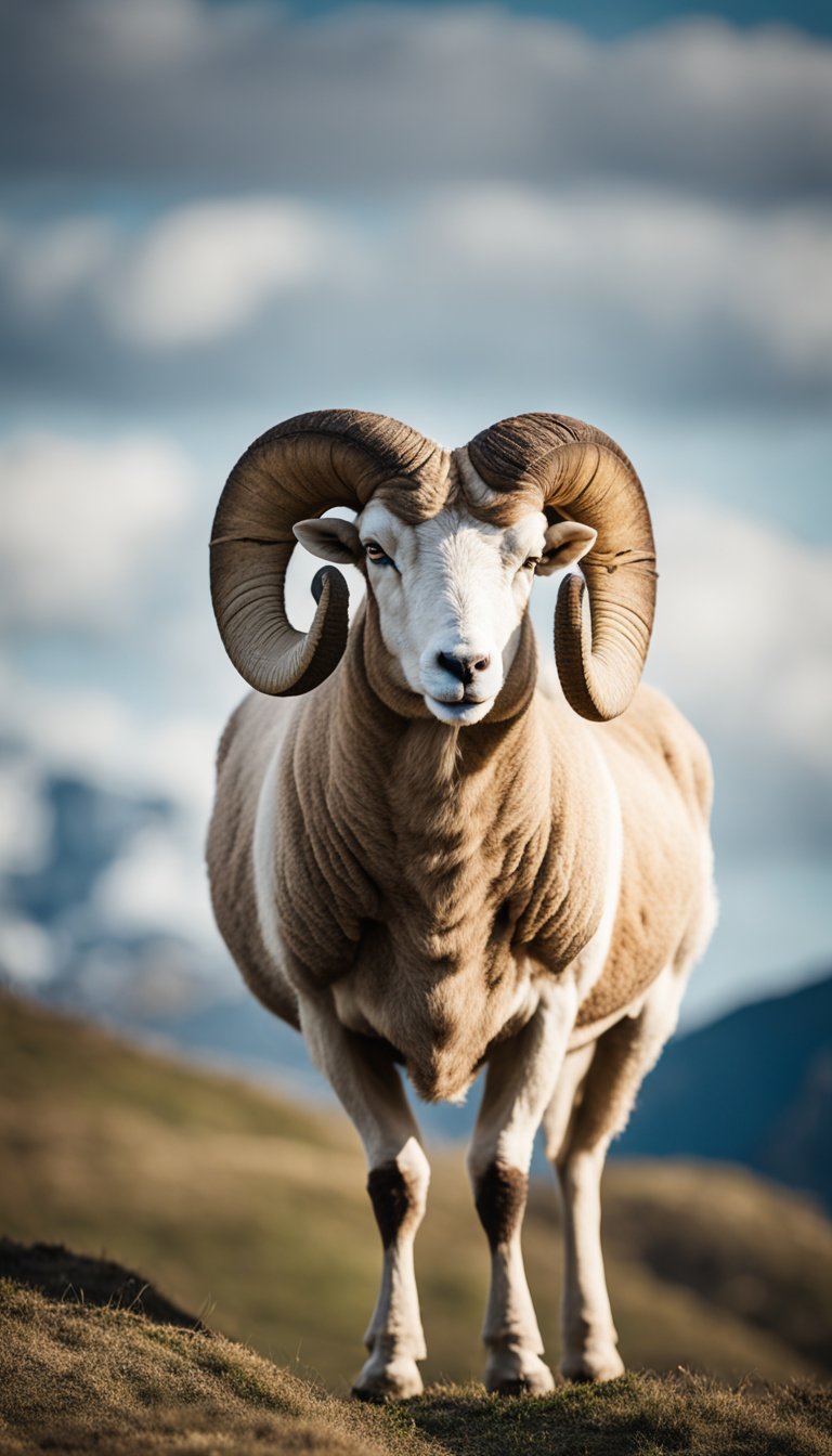 A confident ram standing alone on a hill, gazing out at the world with determination in its eyes