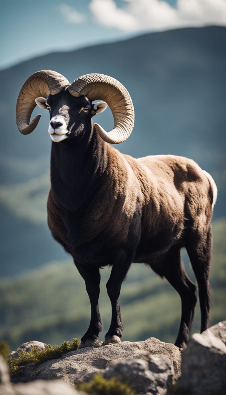 A ram stands proudly atop a mountain peak, gazing out with determination and strength