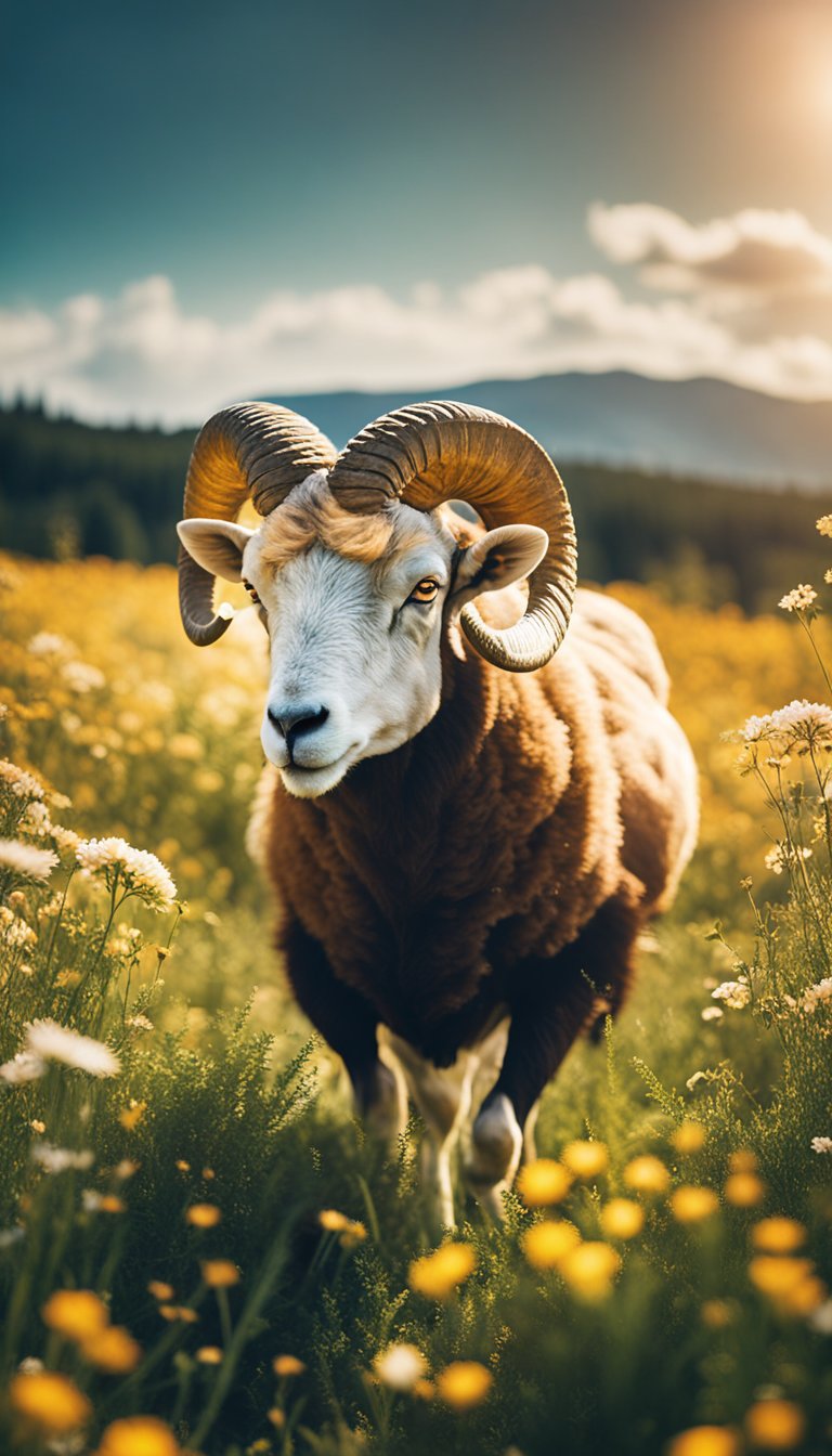 A fiery ram charges through a field of wildflowers under a vibrant spring sun