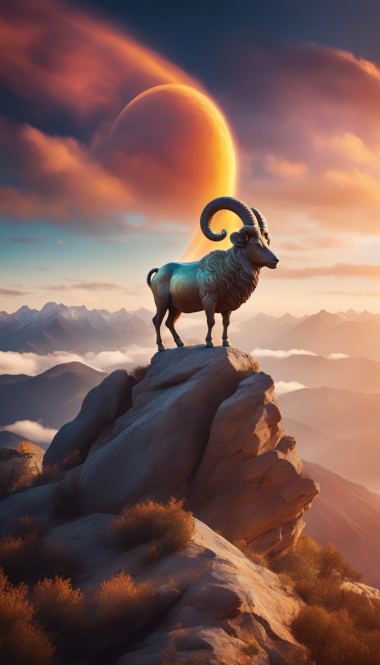 Aries symbol atop a mountain peak, surrounded by swirling winds and fiery colors, with a sense of boldness and determination