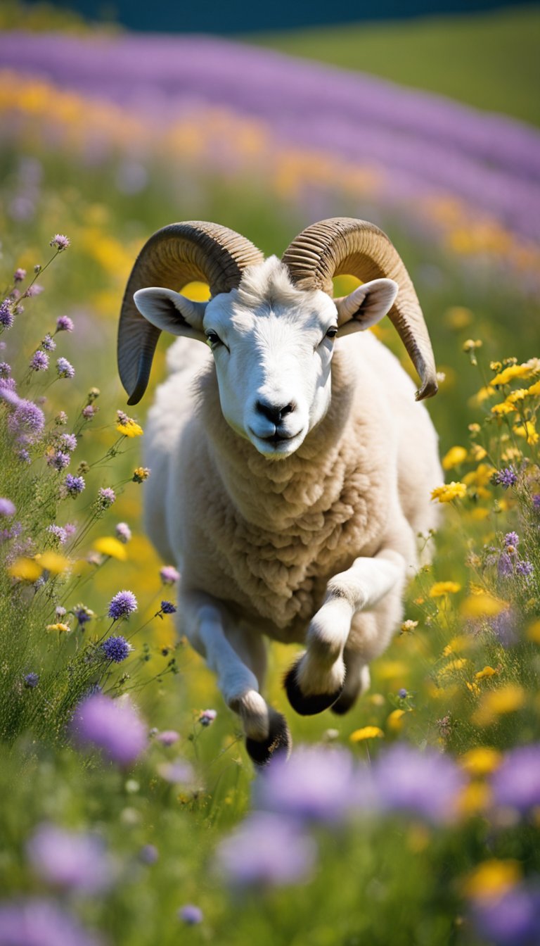 A bright, sunny landscape with a young, energetic ram leaping joyfully through a field of vibrant wildflowers