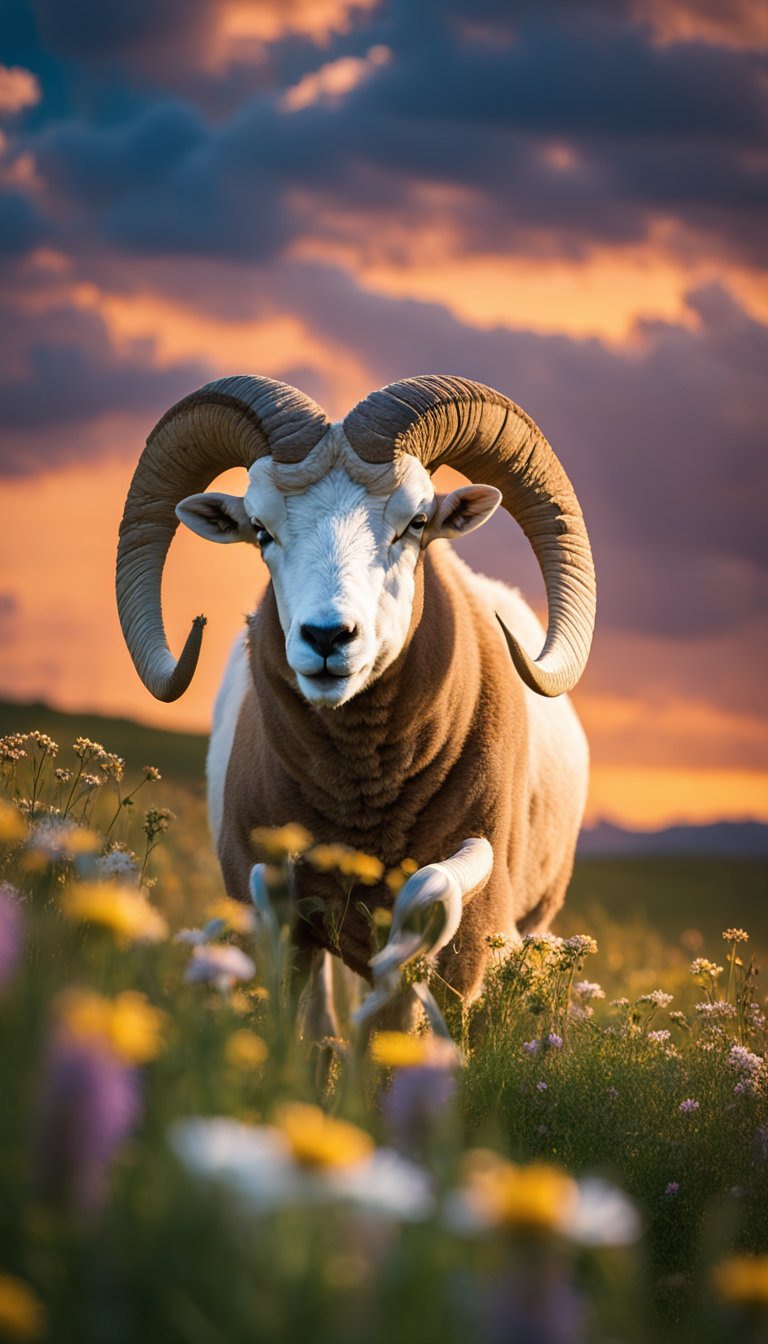 A ram charging through a field of wildflowers under a bold, fiery sky