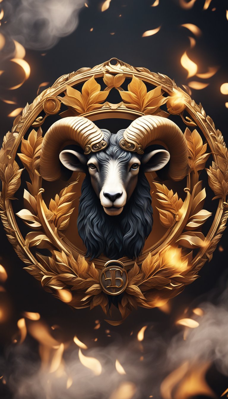 Aries symbol surrounded by flames and a laurel wreath