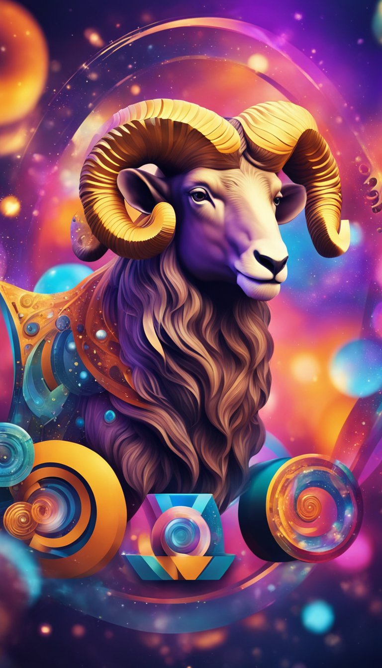 Aries symbol surrounded by vibrant colors and dynamic shapes, exuding energy and confidence