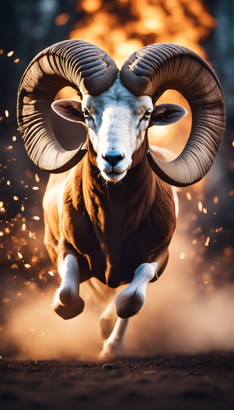 A ram charging forward with determination, surrounded by fiery energy and sparks