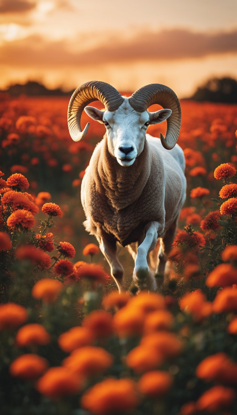 A ram charging forward through a field of vibrant red and orange flowers under a bold and fiery sky