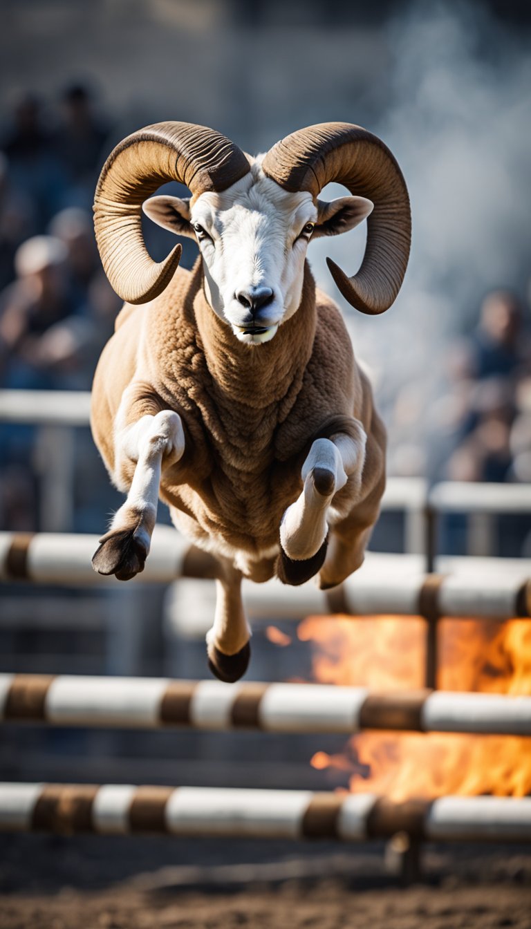 A ram leaping over a fiery obstacle