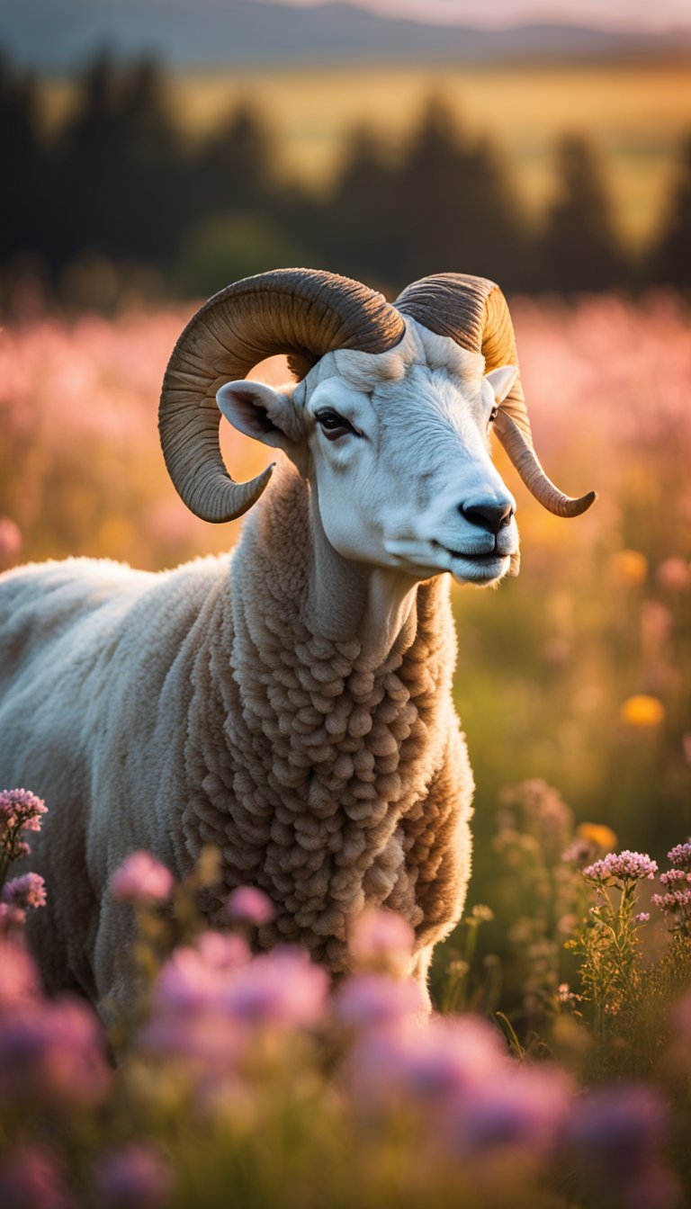 A ram charging forward through a field of wildflowers under a bright, fiery sky