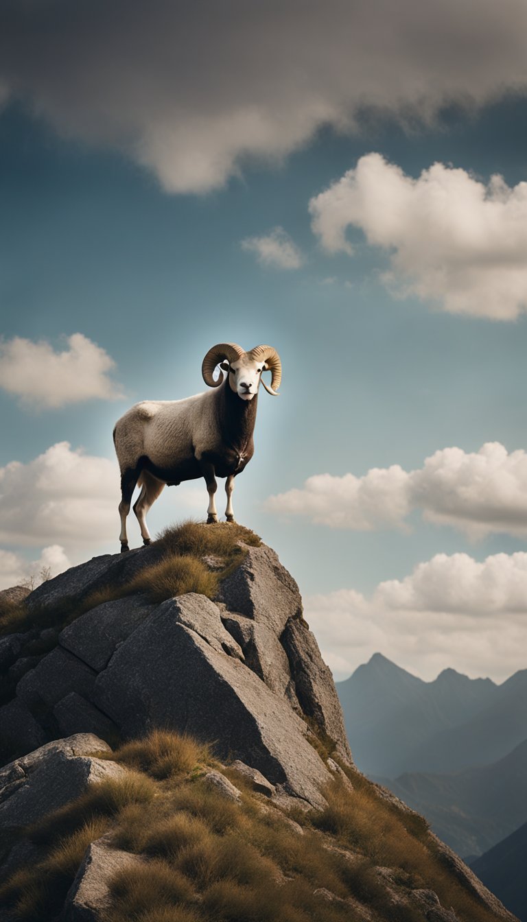A ram standing confidently on top of a mountain peak, gazing out at the horizon with a determined expression