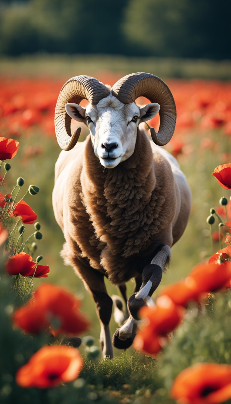A ram charging confidently through a field of vibrant red poppies