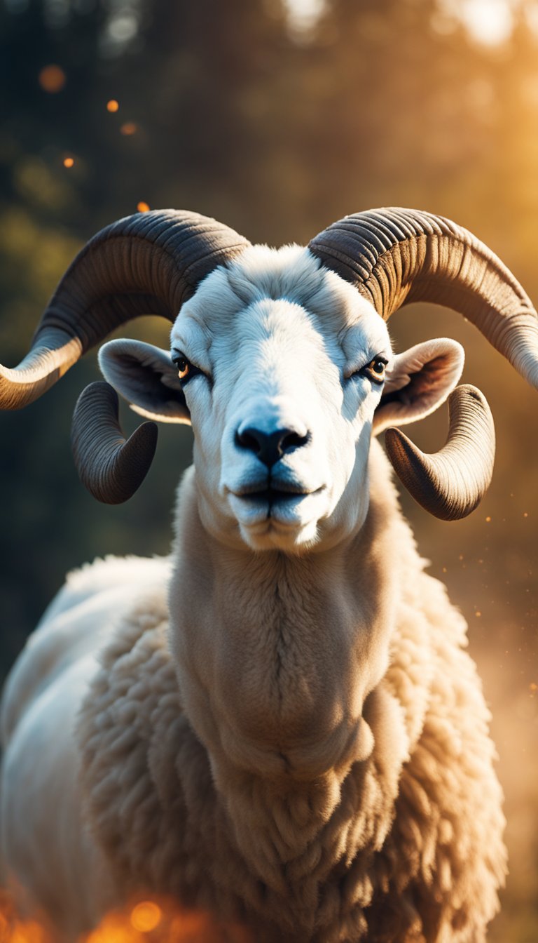 A ram confidently charges forward, head held high, surrounded by a fiery aura