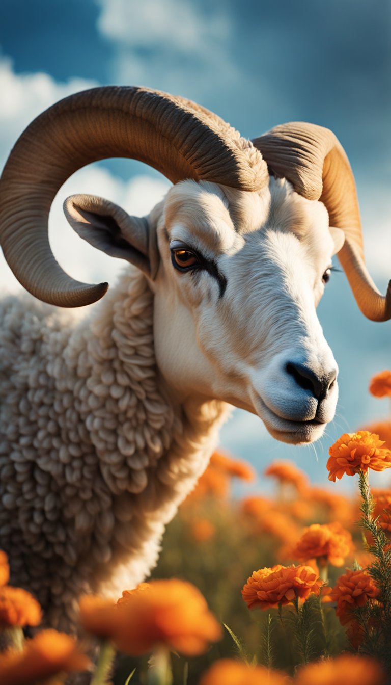Aries traits: Energetic ram charging through a field of fiery red and orange flowers under a bright, dynamic sky