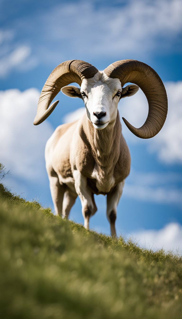 A ram standing proudly on a hill, gazing at the horizon under a clear blue sky