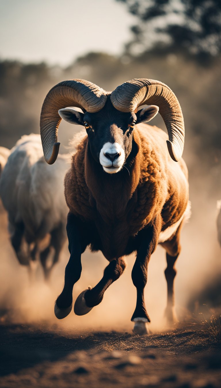 A ram charging forward with fiery determination