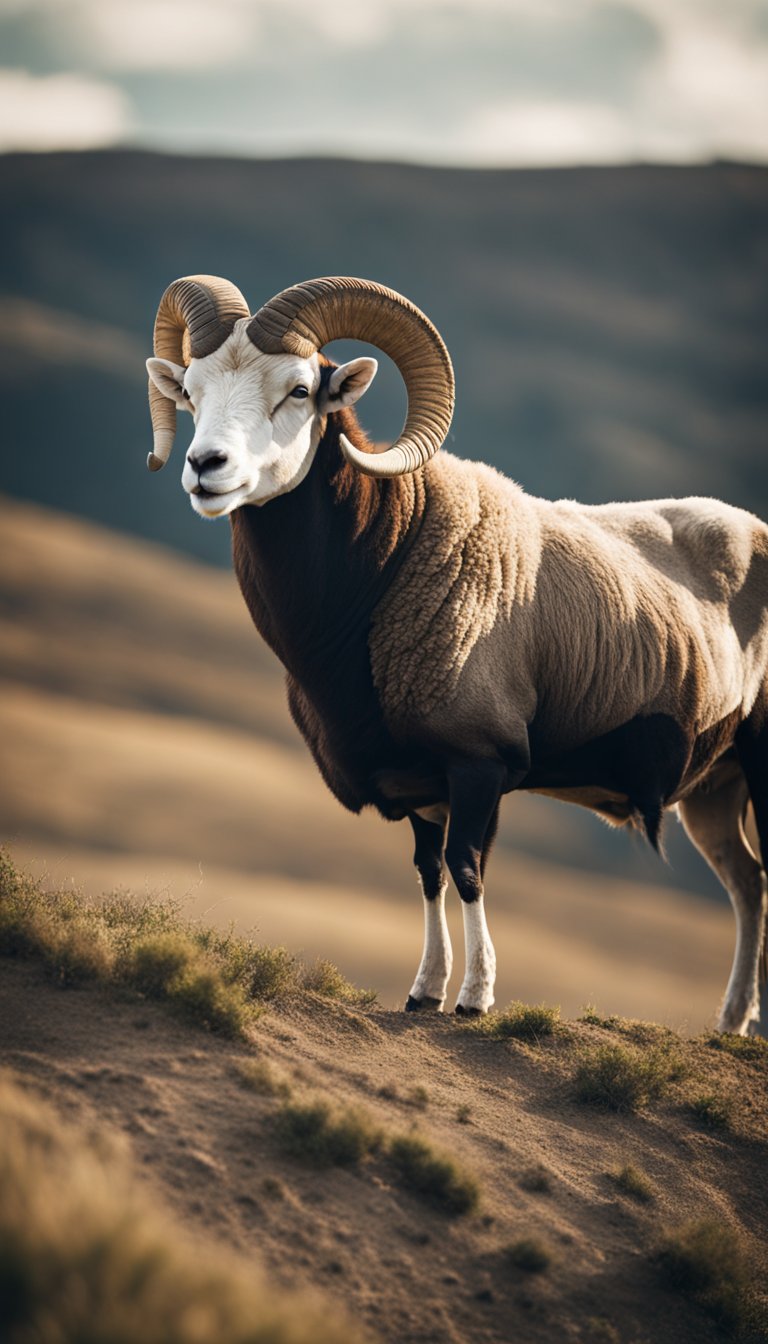 A confident ram standing tall on a hill, gazing out at the horizon with determination in its eyes