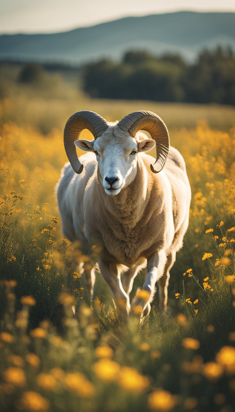 A ram charging through a field of wildflowers under a bright, fiery sun